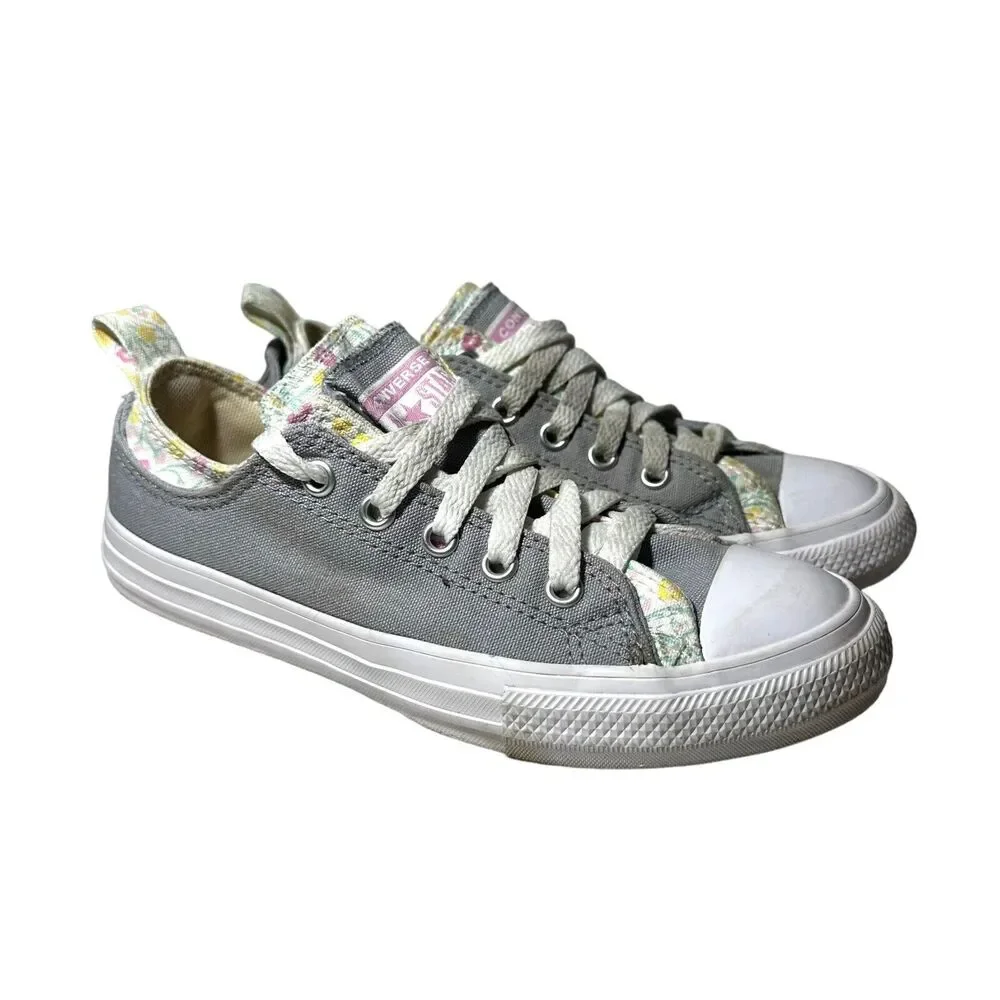 Converse Chuck Taylor All Star Junior Girl's Size 2 Double Tongue Gray Floral
